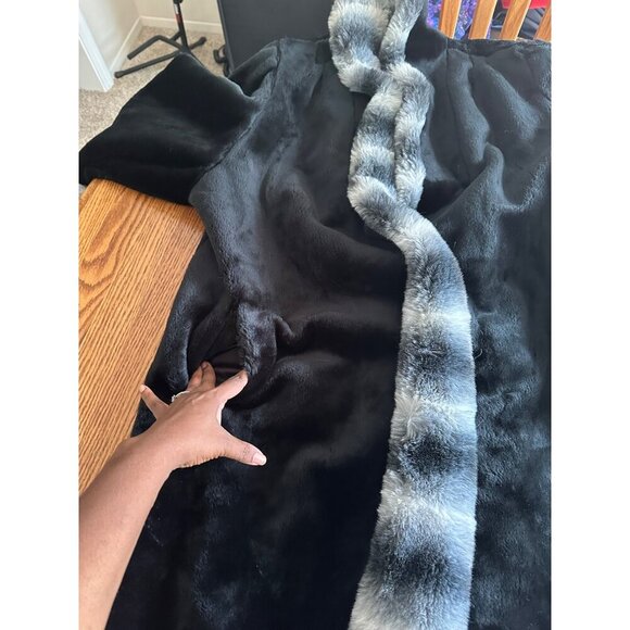 Scandinavian Faux Fur Coat Oversized Grey Striped Fox Mob wife Trim Sz 1X 90s - Picture 10 of 14